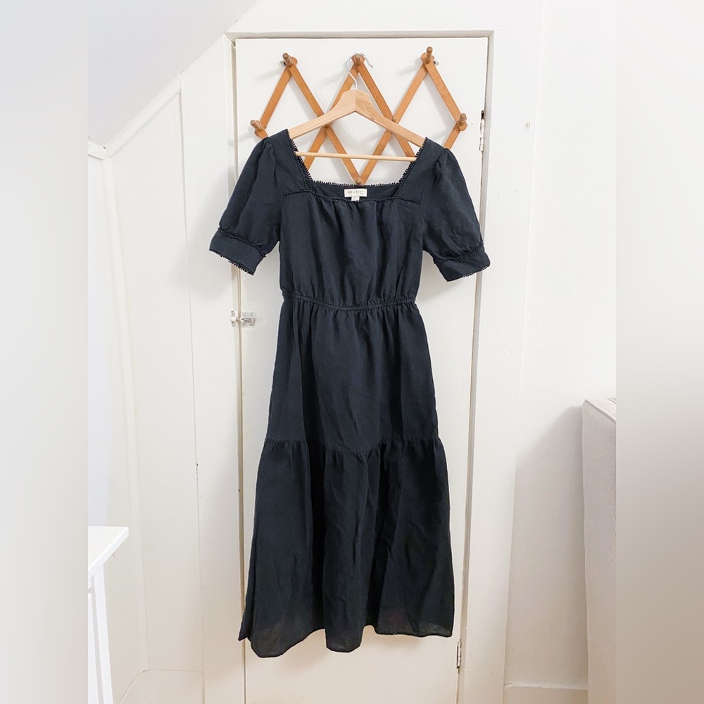 Black Cotton Square Neckline Tiered Dress